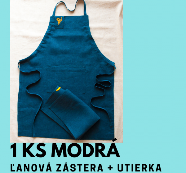 MODRÁ ľanová zástera + utierka